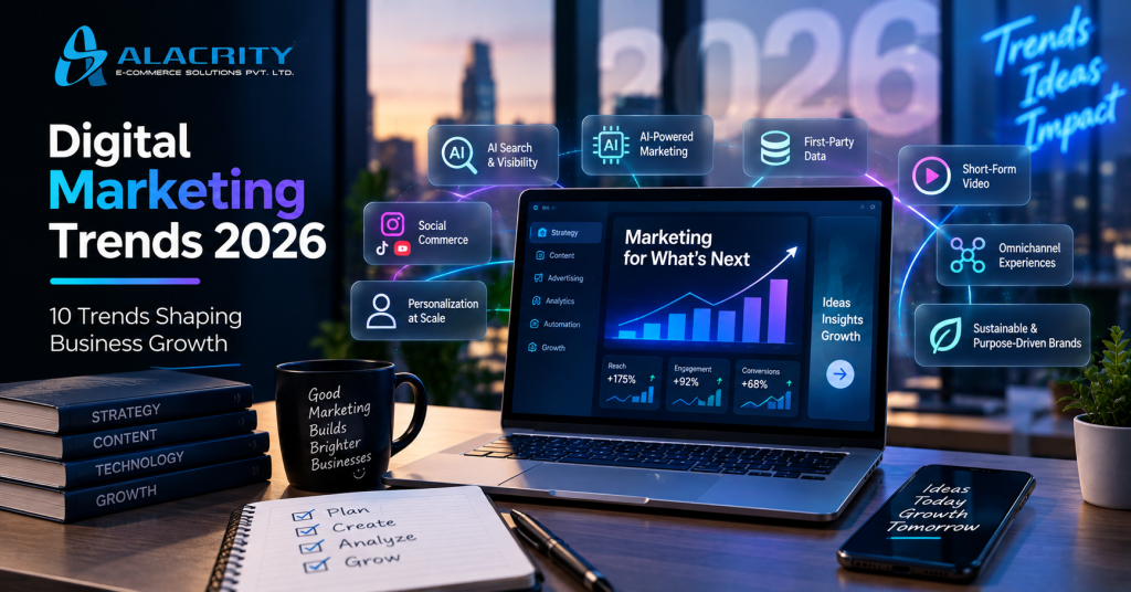 Digital marketing trends 2026 showing AI search, first-party data, short-form video, social commerce, personalization, analytics and conversion optimization.