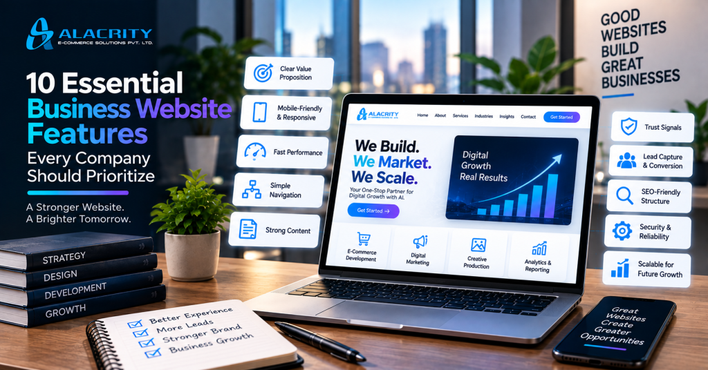 10 essential business website features including responsive design, fast performance, navigation, service pages, CTAs, security, SEO and accessibility.