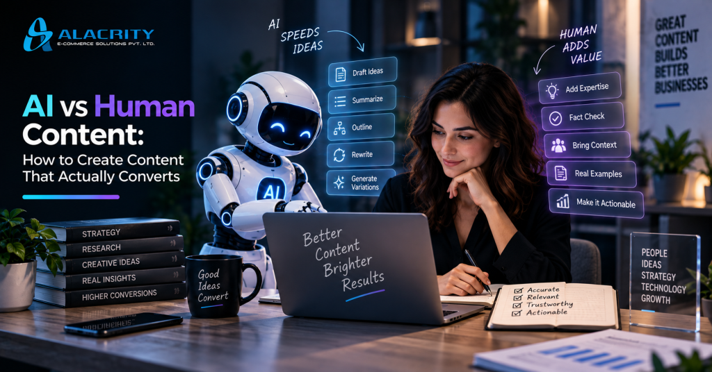 AI vs human content strategy showing how artificial intelligence and human expertise work together to create accurate, trustworthy, conversion-focused content.