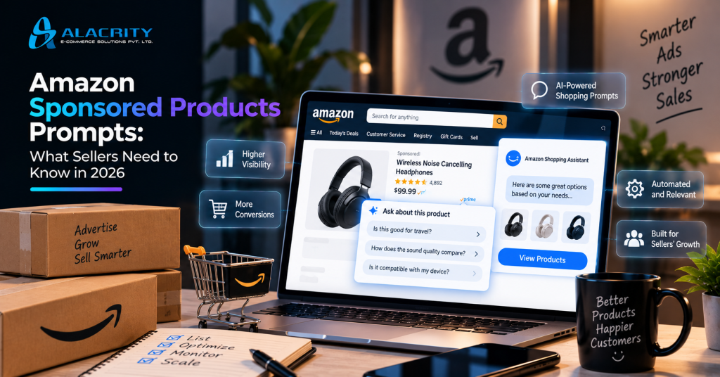 Amazon Sponsored Products prompts in 2026 showing AI-powered shopping conversations, sponsored ads, product listings, PPC metrics and seller performance insights.