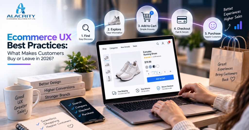 Ecommerce UX best practices for 2026 showing product discovery, mobile shopping, product information, checkout experience, trust and customer conversion journey.