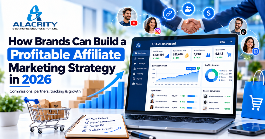 Profitable affiliate marketing strategy in 2026 showing partner networks, commissions, tracking, ecommerce sales, ROI and scalable growth.