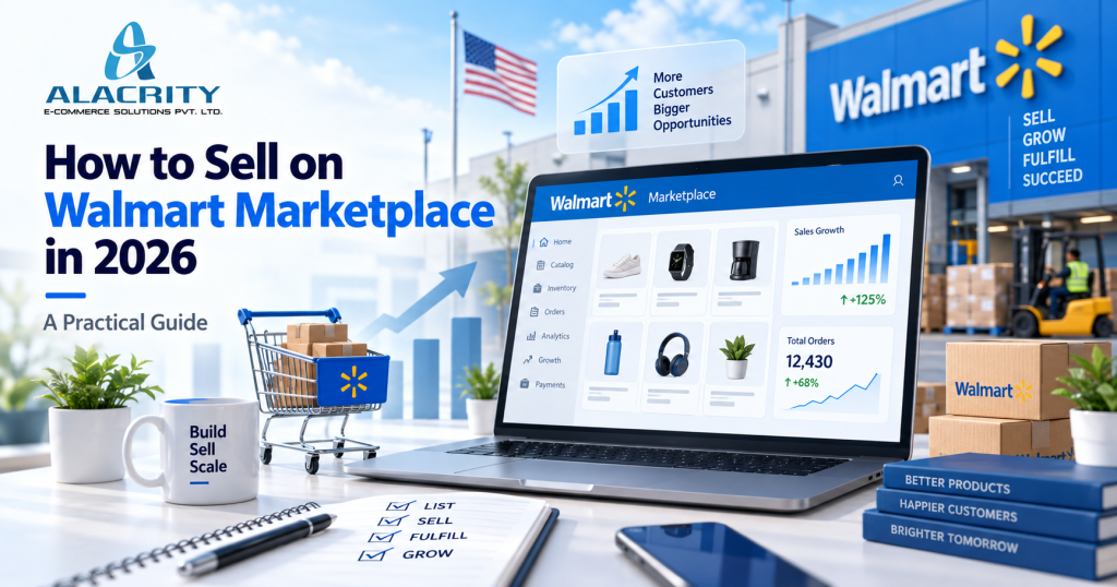 How to sell on Walmart Marketplace in 2026 practical guide cover image showing Walmart seller dashboard, ecommerce growth chart, product listings, and Alacrity branding