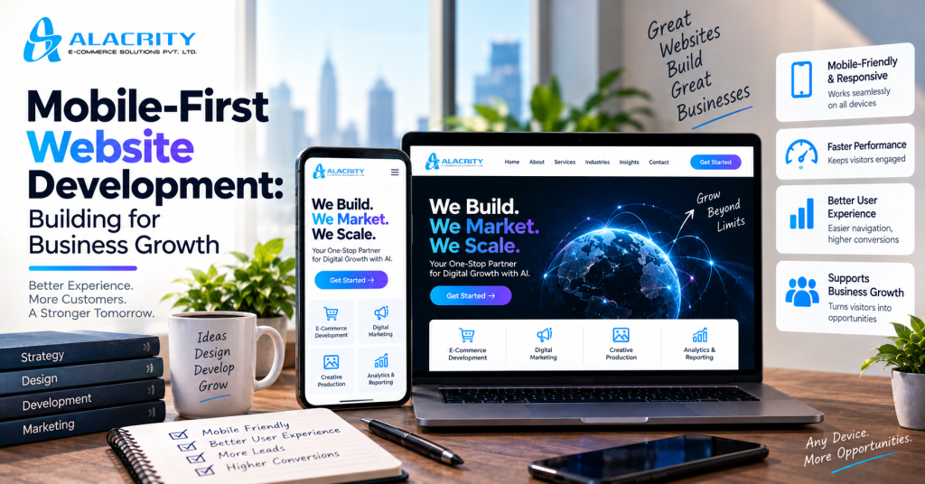 Mobile-first website development showing responsive web design across smartphone, tablet and desktop for better usability, performance and business growth.