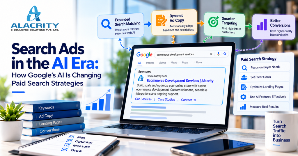 Search Ads in the AI Era showing Google AI-powered search advertising, expanded matching, dynamic ad copy, smarter targeting, landing pages and conversions.