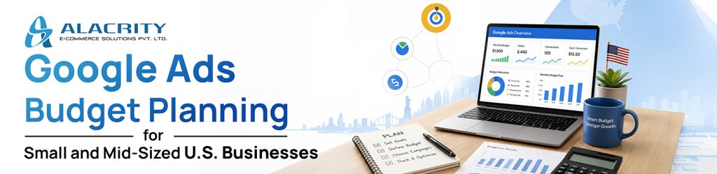 Google Ads budget planning infographic for small and mid-sized U.S. businesses showing CPC, lead cost, conversion tracking, and scaling strategy
