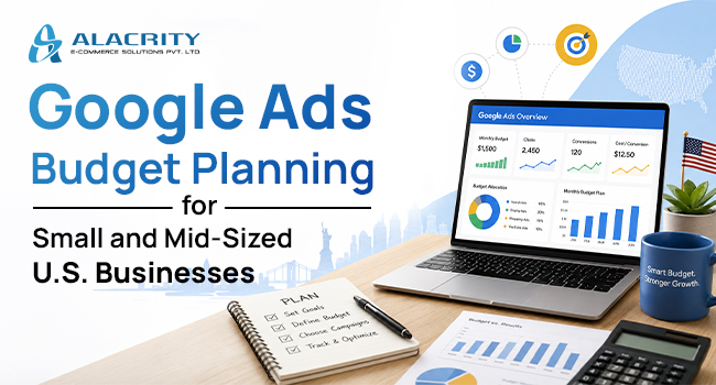 Google Ads budget planning infographic for small and mid-sized U.S. businesses showing CPC, lead cost, conversion tracking, and scaling strategy