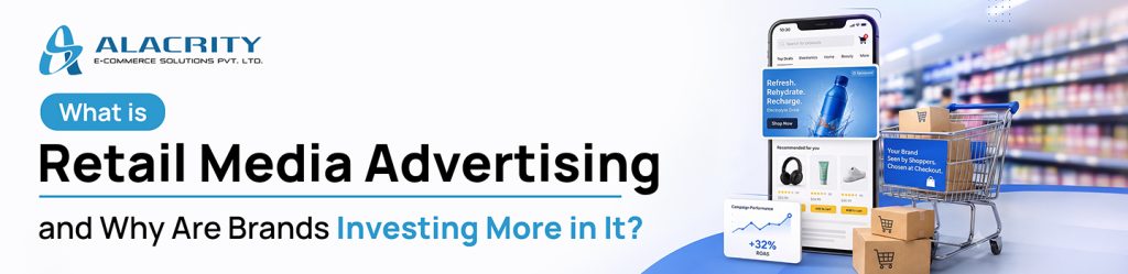 Retail media advertising infographic showing sponsored products, retailer data, marketplace ads, ecommerce readiness, and brand investment growth
