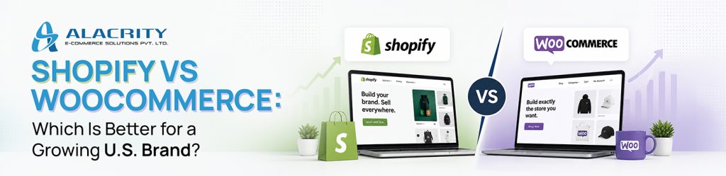 Shopify vs WooCommerce comparison infographic for growing U.S. brands covering cost, control, scalability, customization, and ecommerce operations