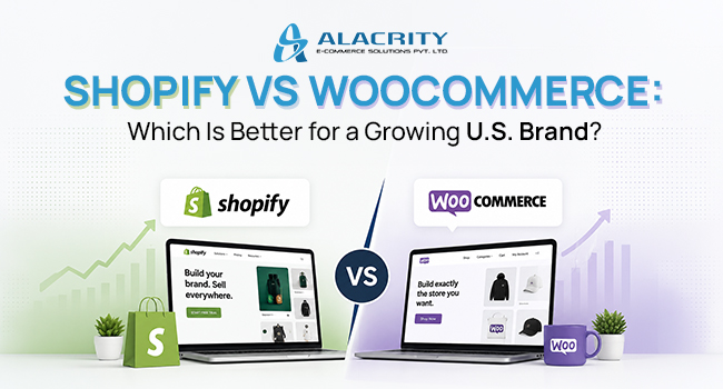 Shopify vs WooCommerce comparison infographic for growing U.S. brands covering cost, control, scalability, customization, and ecommerce operations