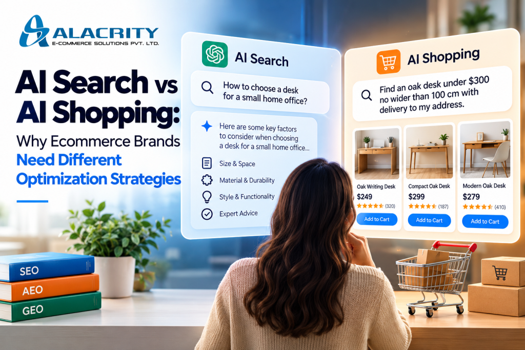 AI Search vs AI Shopping strategies showing content optimization and product data optimization for ecommerce brands