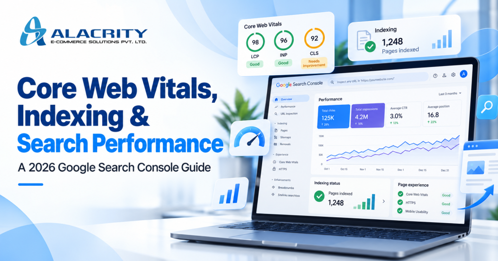 Google Search Console guide for Core Web Vitals, indexing and search performance showing LCP, INP, CLS, indexed pages, clicks, impressions and SEO performance.