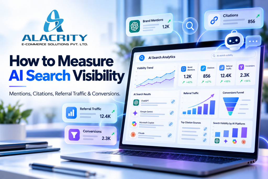 AI search visibility measurement dashboard showing mentions, citations, referral traffic and conversions