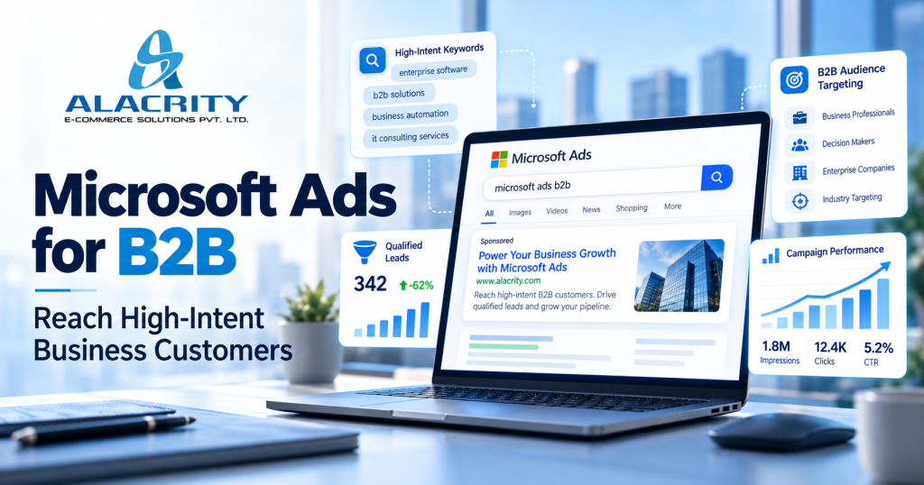 Microsoft Ads for B2B showing high-intent keywords, LinkedIn audience targeting, qualified leads, campaign performance and business customer acquisition.