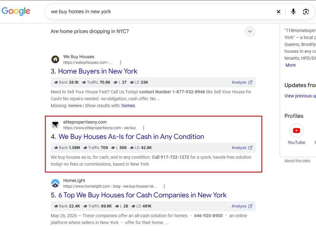 Google ranking screenshot showing Elite Properties at position three for buy homes for cash New York