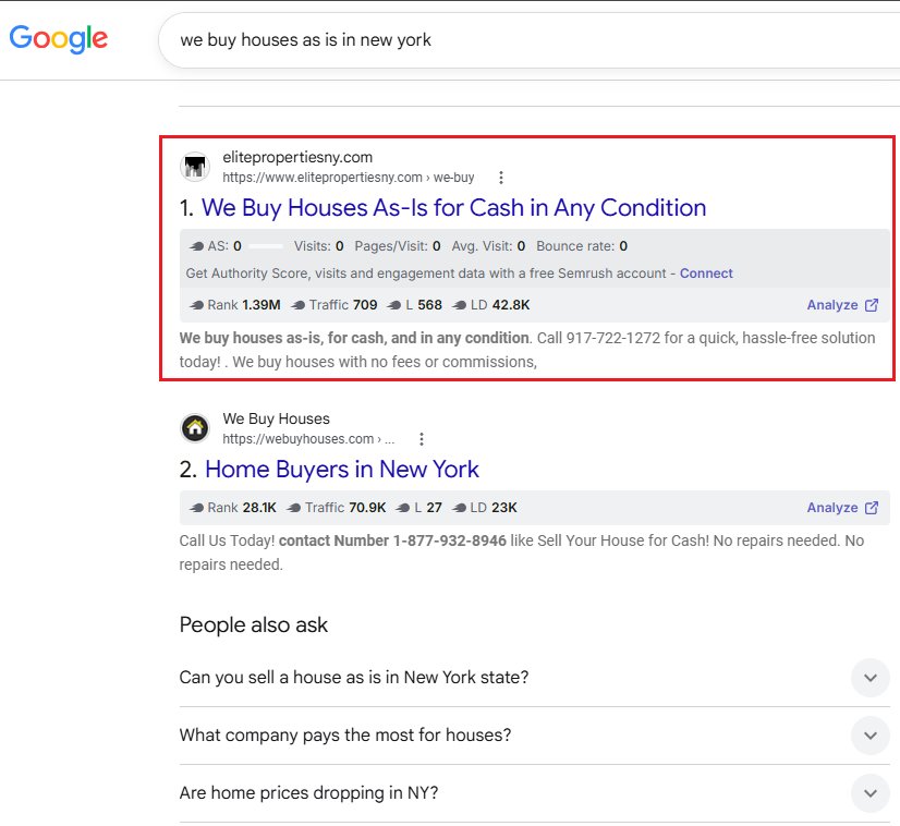 Google ranking screenshot showing Elite Properties at position five for cash for homes New York